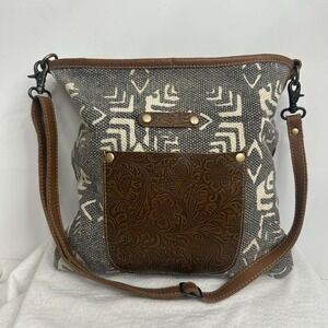 Myra Bag Crossbody Satchel Upcycled Canvas & Tooled Leather 14 X 12.5 Zipper